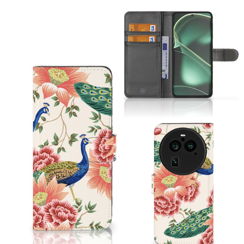 OPPO Find X6 Pro Telefoonhoesje met Pasjes Pink Peacock voorkant binnenkant achterkant
