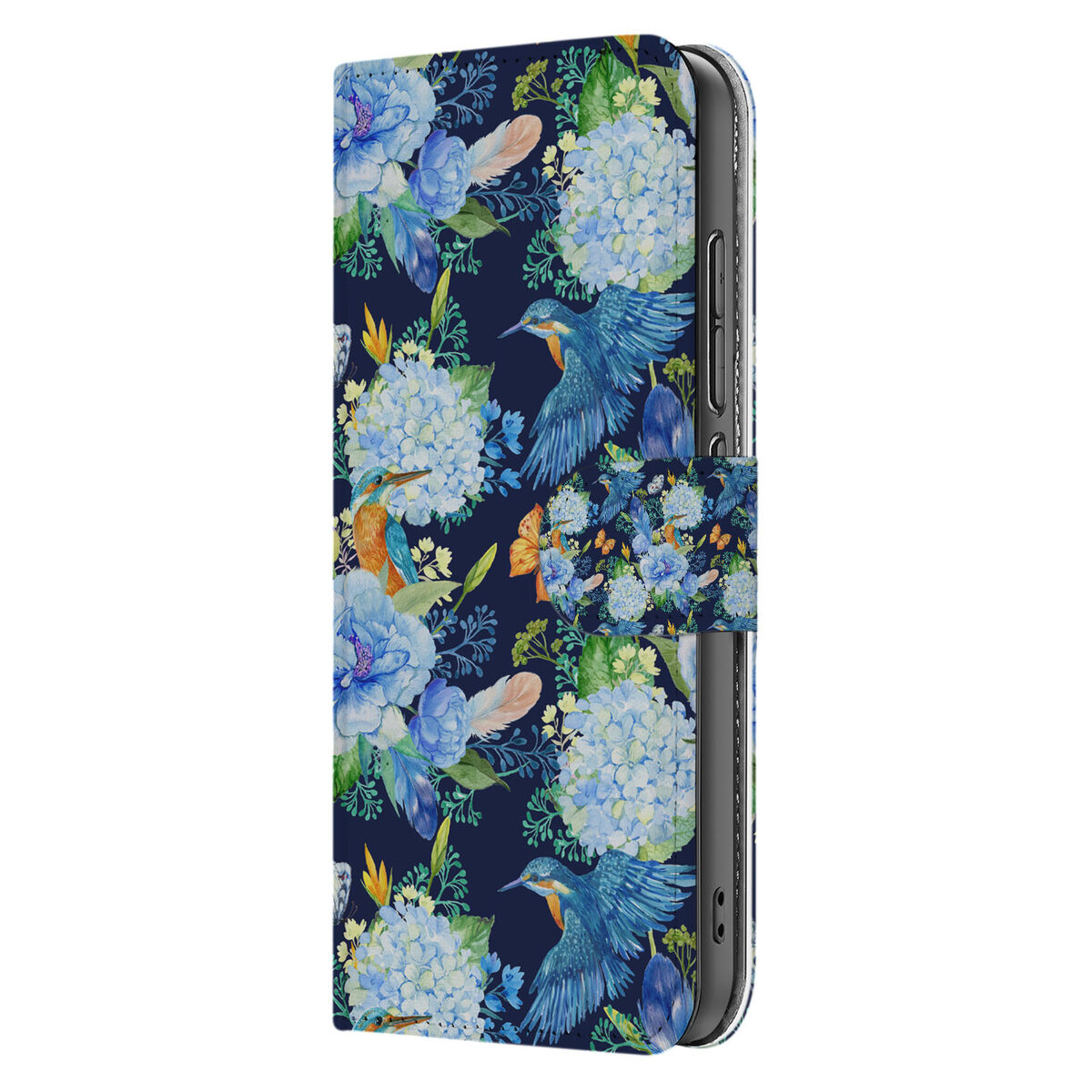 Telefoonhoesje met Pasjes voor OPPO Reno 13 Pro IJsvogel bloemen design zijkant
