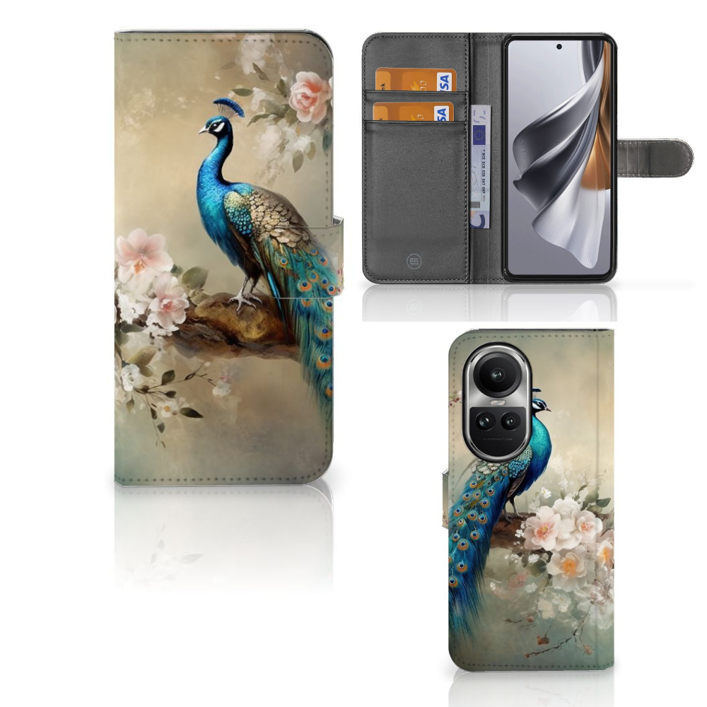 OPPO Reno10 10 Pro Telefoonhoesje met Pasjes Vintage Pauwen voorkant binnenkant zijkant