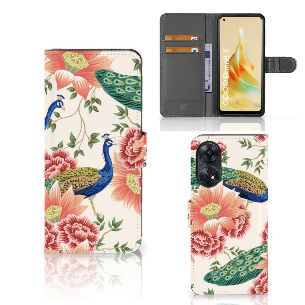 Telefoonhoesje met Pasjes voor OPPO Reno8 T 4G Pink Peacock met bloemen en pauwen, stijlvol en functioneel.