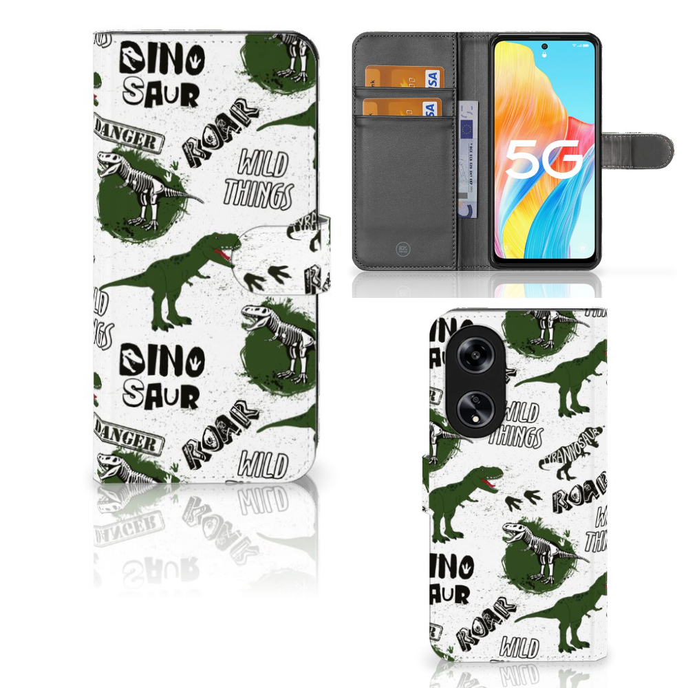 OPPO Reno8 T 5G Telefoonhoesje met Pasjes Dinosaurus vooraanzicht en binnenkant