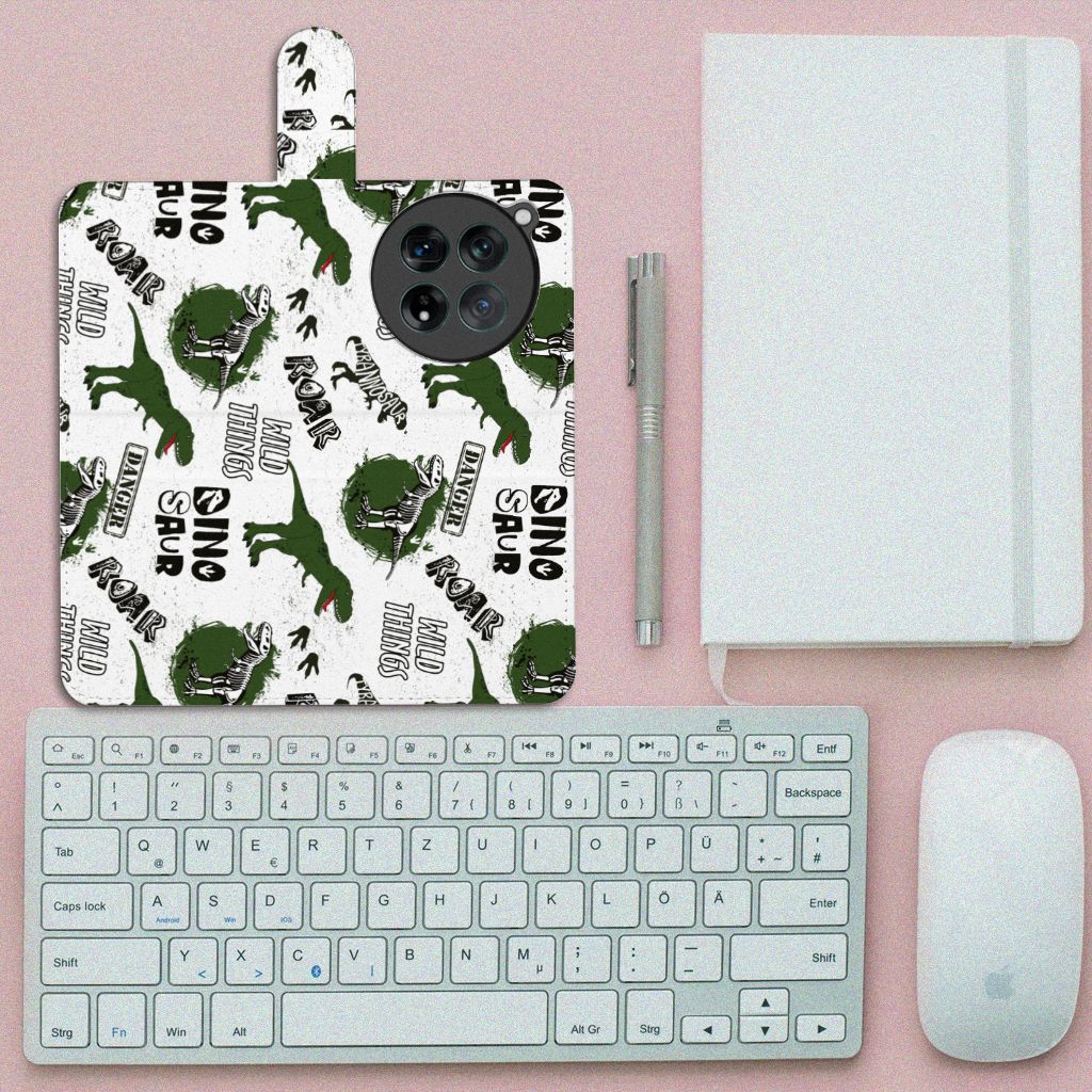 Telefoonhoesje met Pasjes voor OnePlus 12 Dinosaurus met dino print, perfect cadeau voor dino-liefhebbers.