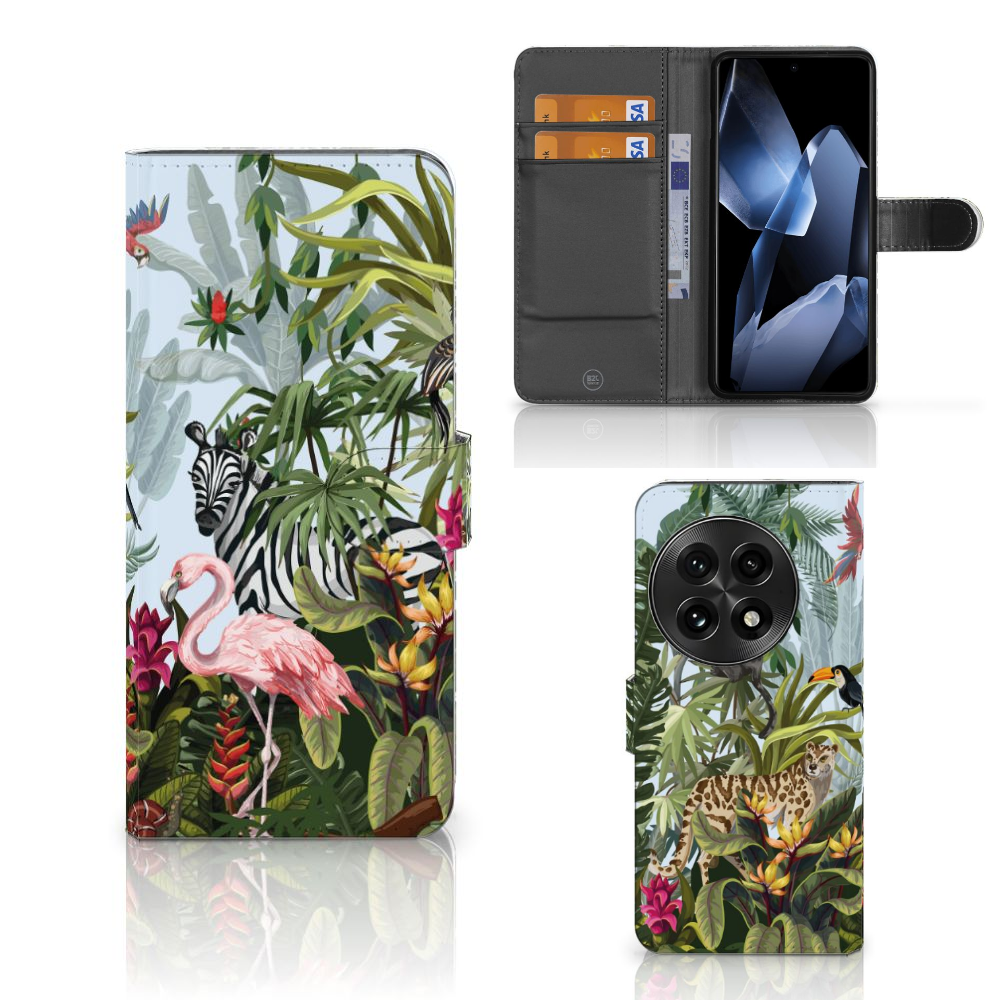 OnePlus 13 Telefoonhoesje met Pasjes Jungle design voorkant achterkant aanzicht