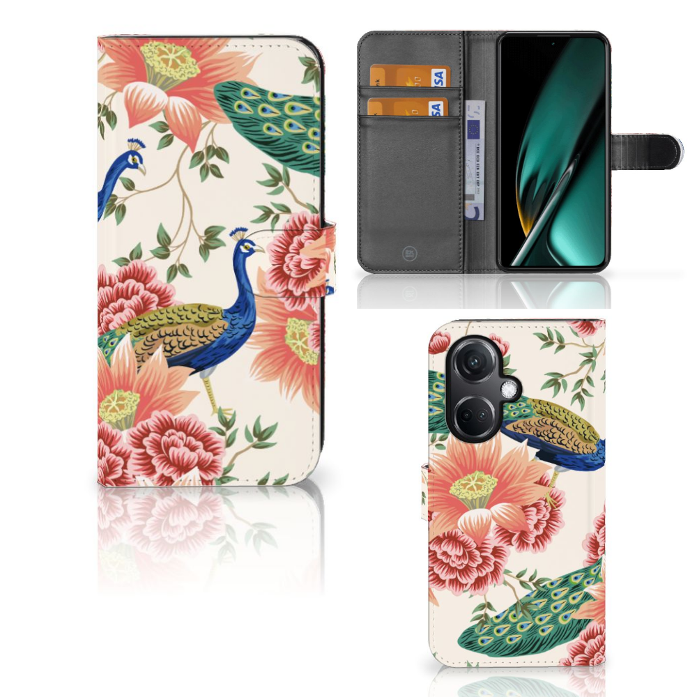OnePlus Nord CE 3 Telefoonhoesje met Pasjes Pink Peacock voorkant binnenkant