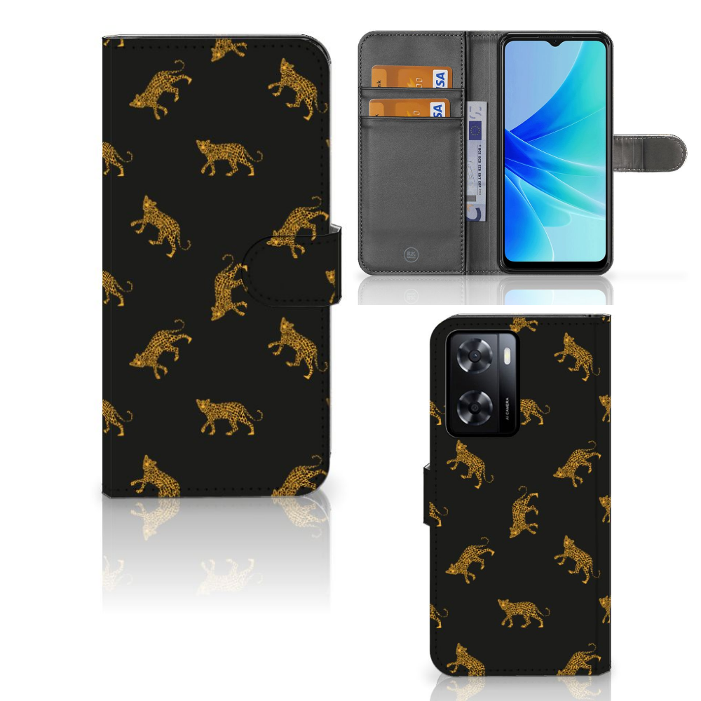 Telefoonhoesje met Pasjes voor PPO A57 | A57s | A77 4G Leopards hoesje leopards design aanzicht