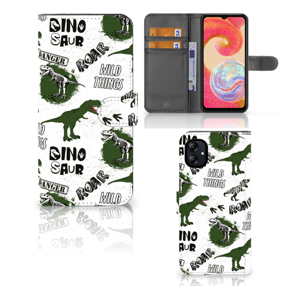 Samsung Galaxy A04e Telefoonhoesje met Pasjes Dinosaurus voorkant en binnenkant