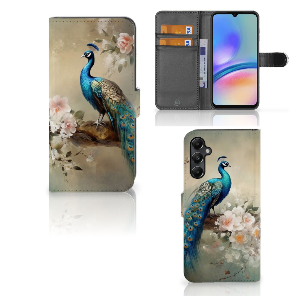 Samsung Galaxy A05s Telefoonhoesje met Pasjes Vintage Pauwen aanzicht