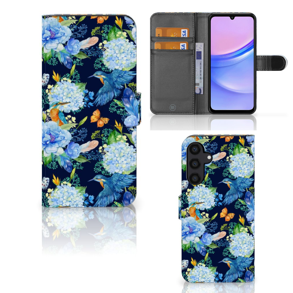 Samsung Galaxy A15 Telefoonhoesje met Pasjes IJsvogel bloemen design aanzicht