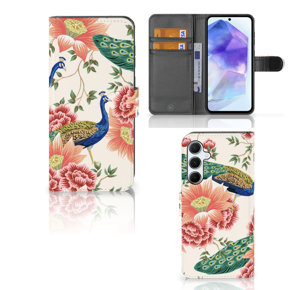 Samsung Galaxy A55 Telefoonhoesje met Pasjes Pink Peacock voorkant en binnenkant