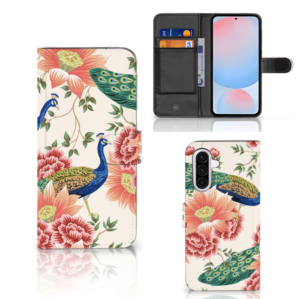 Samsung Galaxy A56 Telefoonhoesje met Pasjes Pink Peacock voorkant zijkant binnenzijde