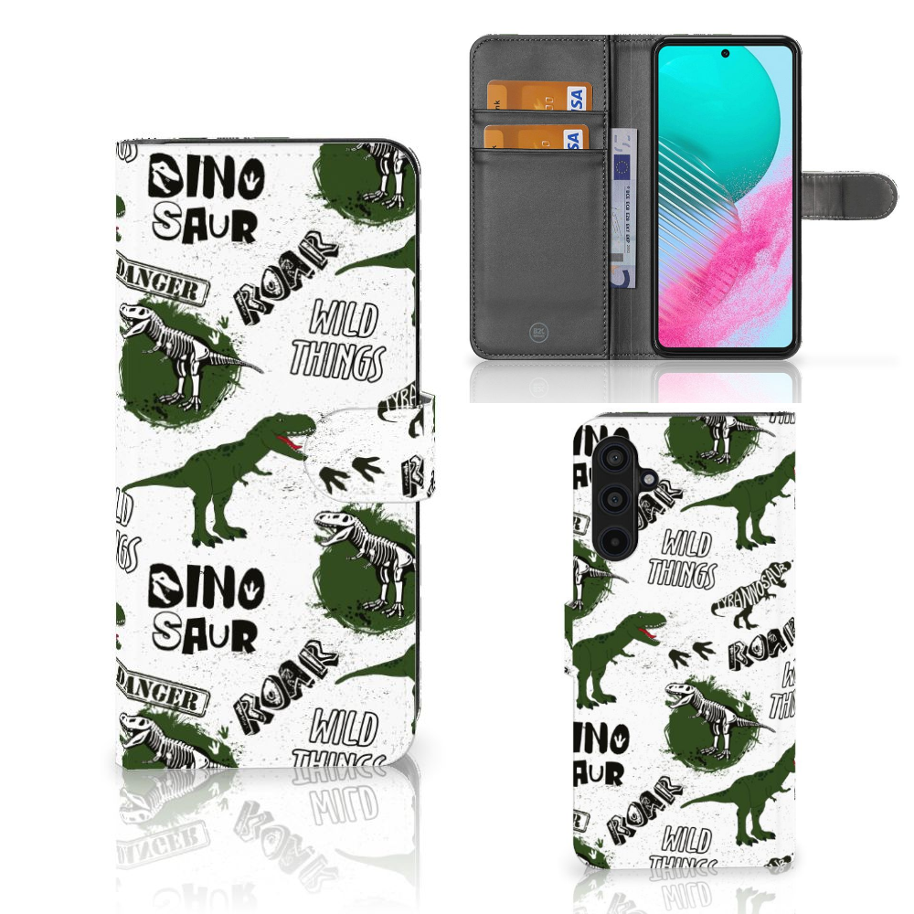 Samsung Galaxy M54 Telefoonhoesje met Pasjes Dinosaurus voorkant achterkant binnenkant