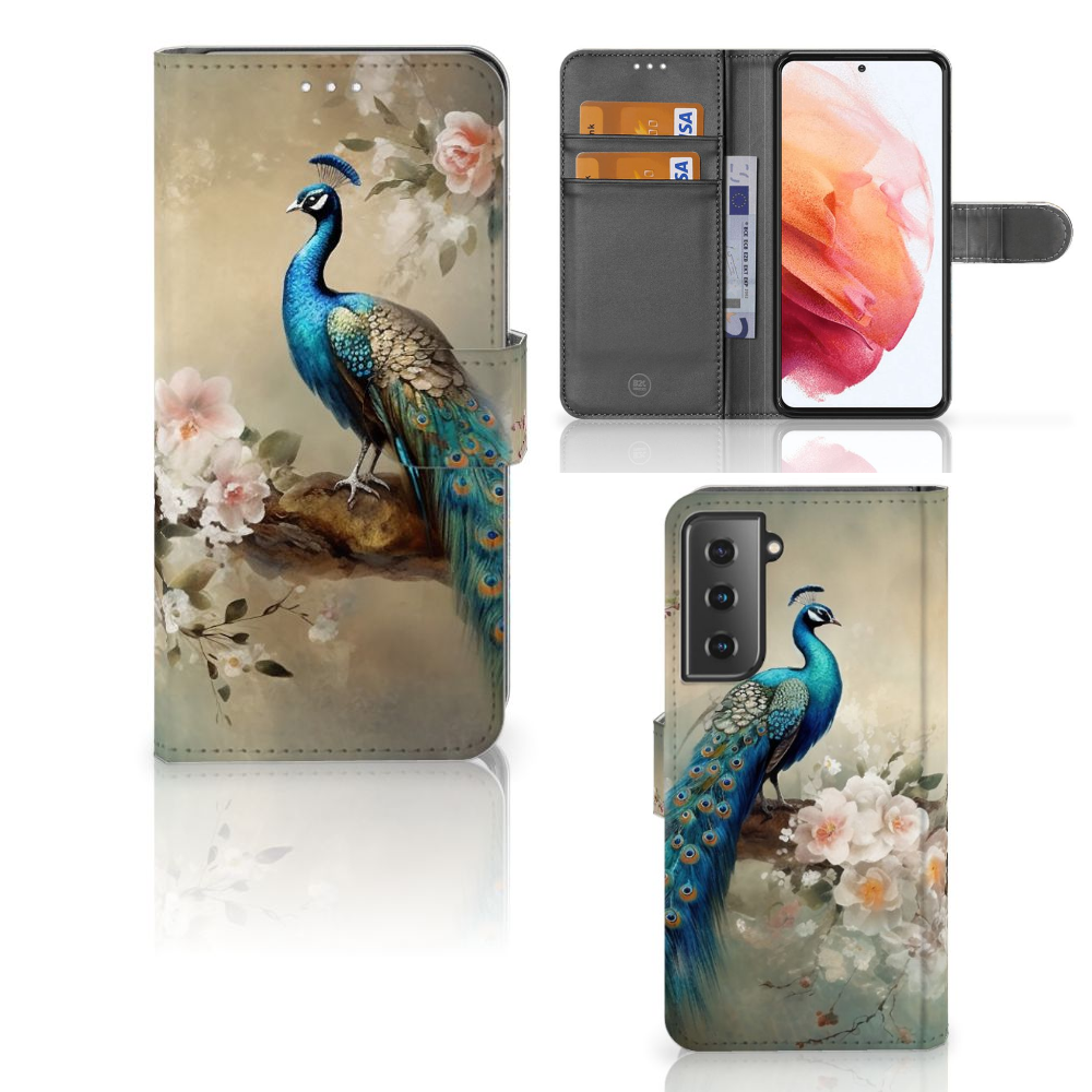 Samsung Galaxy S21 Telefoonhoesje met Pasjes Vintage Pauwen voorkant achterkant aanzicht
