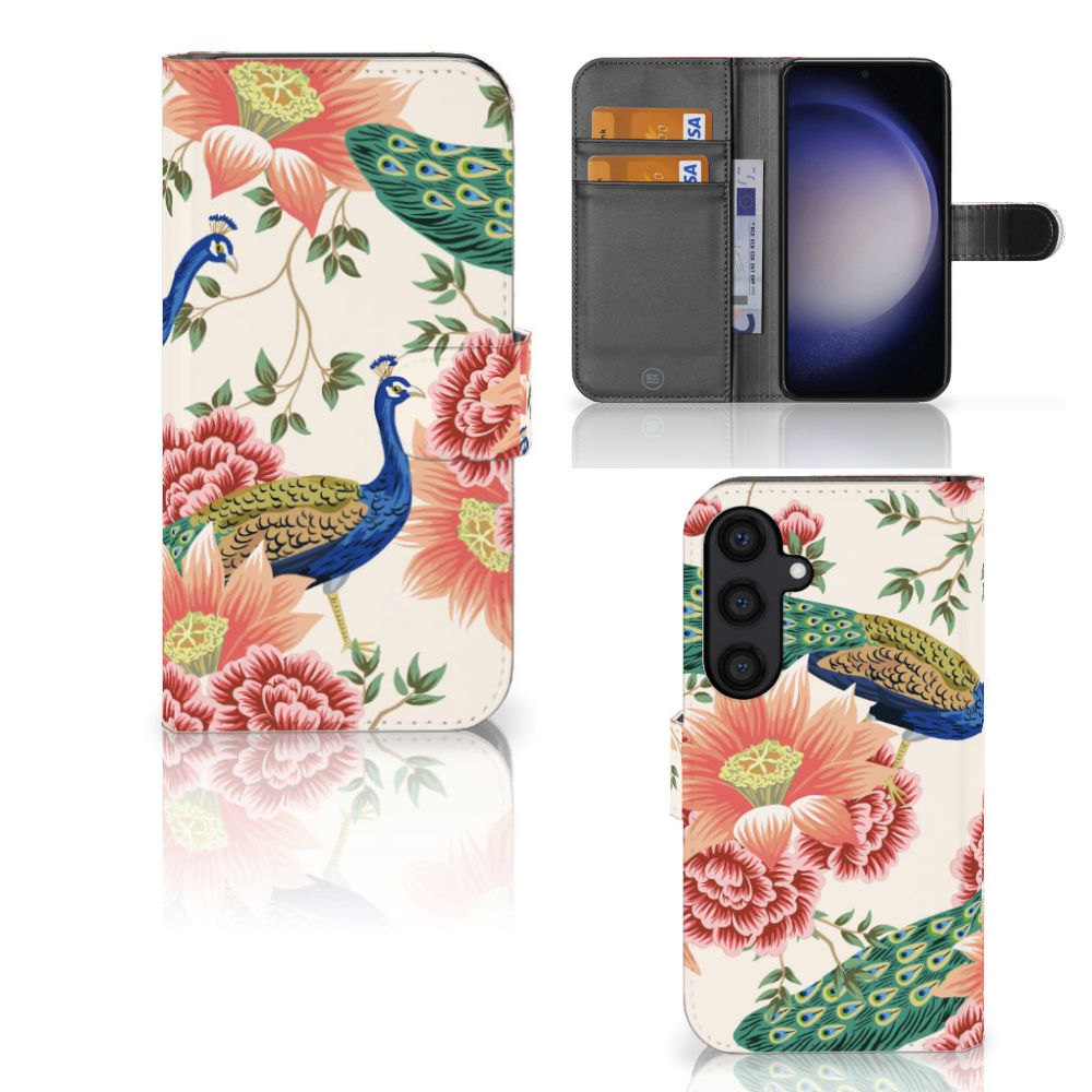 Samsung Galaxy S24 Telefoonhoesje met Pasjes Pink Peacock voorzijde en binnenzijde