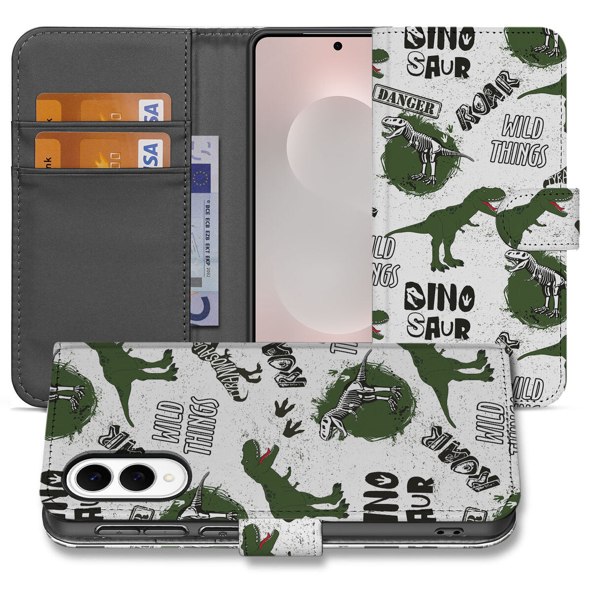 Samsung Galaxy S25 Edge Telefoonhoesje met Pasjes Dinosaurus voorkant zijkant