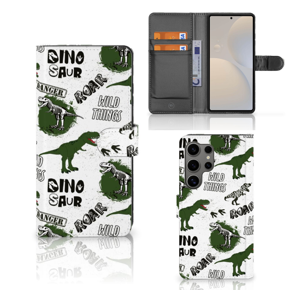 Samsung Galaxy S25 Ultra Telefoonhoesje met Pasjes Dinosaurus design vooraanzicht en binnenkant