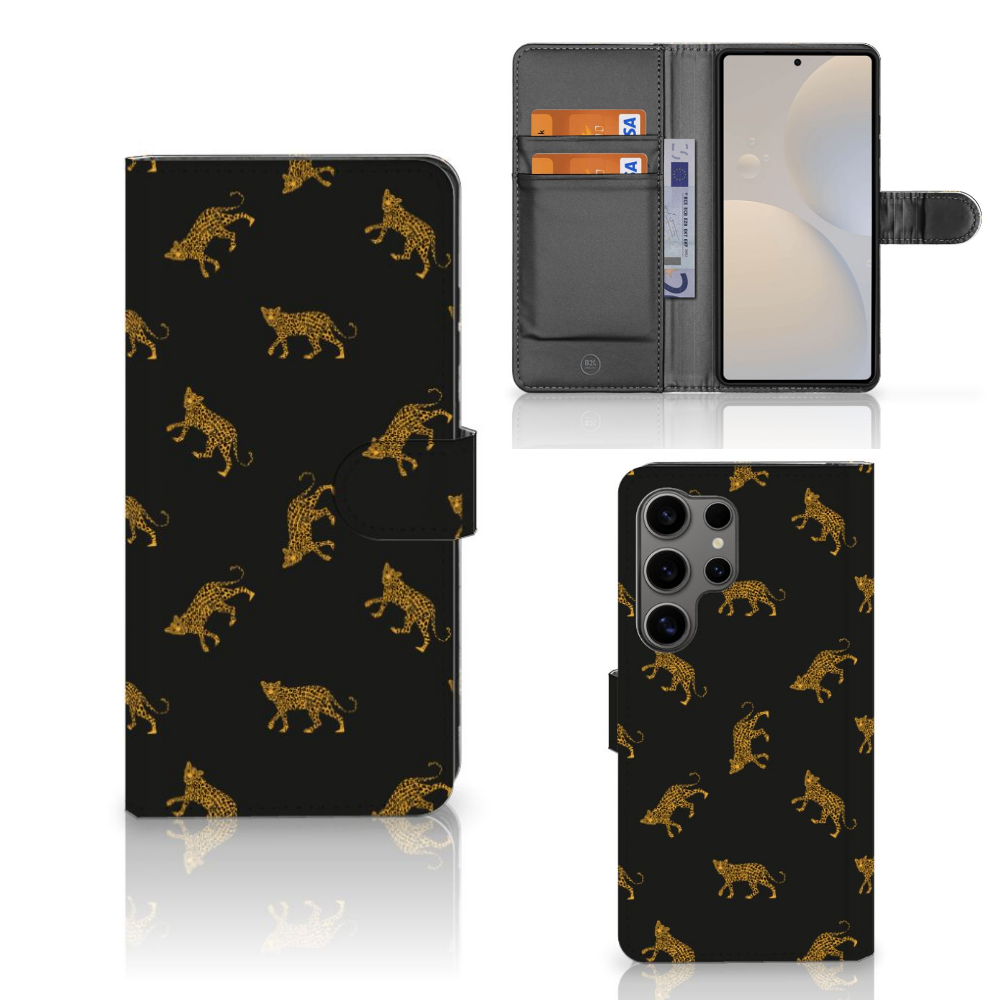 Telefoonhoesje met Pasjes voor Samsung Galaxy S25 Ultra Leopards leopardenprint hoesje front aanzicht