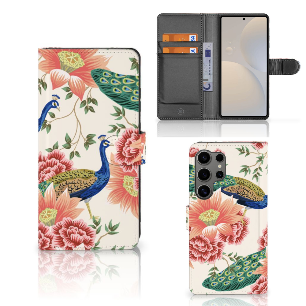 Samsung Galaxy S25 Ultra Telefoonhoesje met Pasjes Pink Peacock voorkant en binnenkant