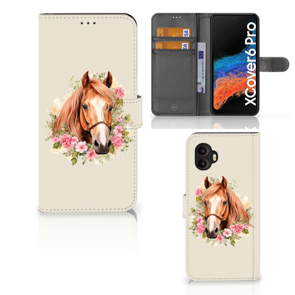 Samsung Galaxy Xcover 6 Pro Telefoonhoesje met Pasjes Paard voorzijde zijkant binnenzijde