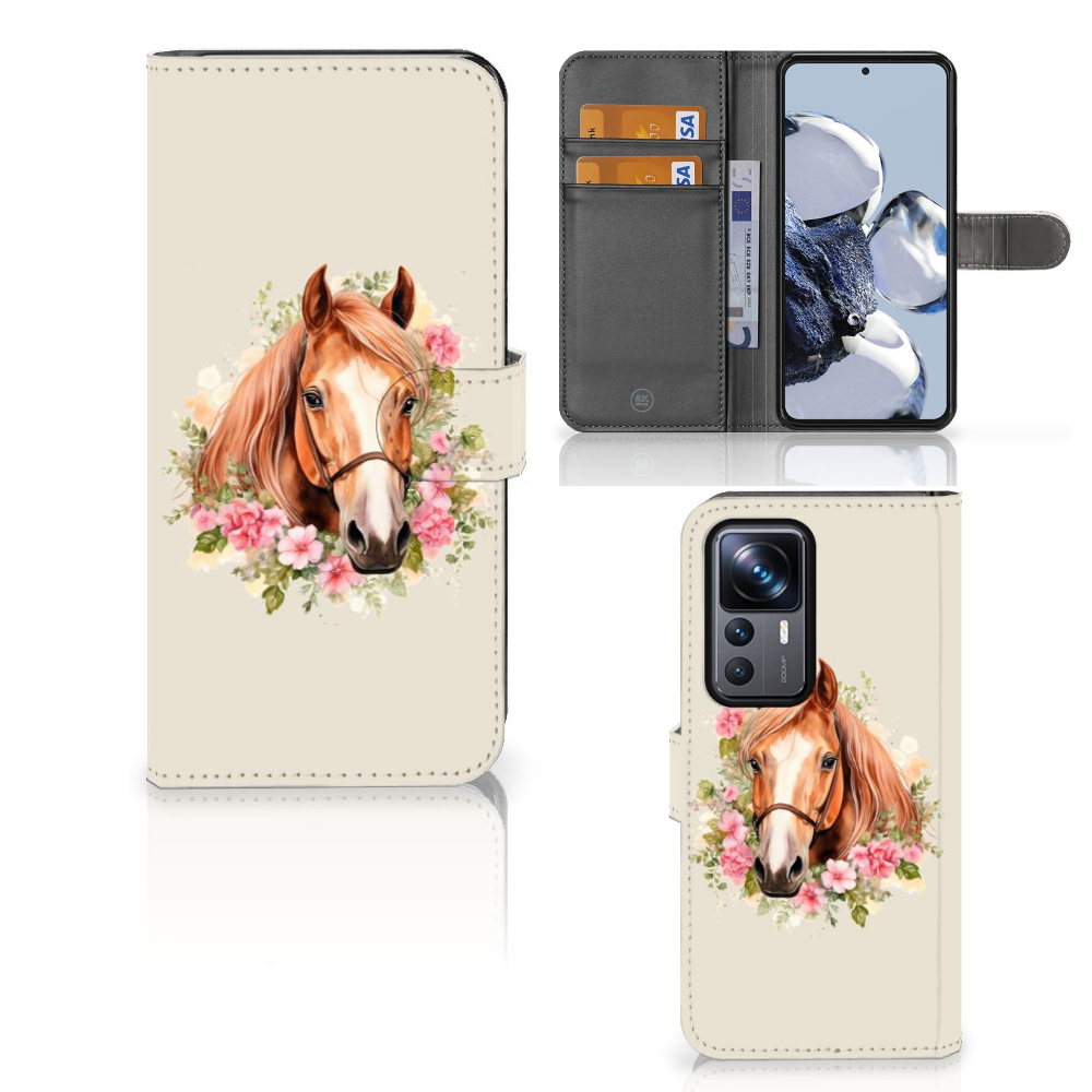 Telefoonhoesje met Pasjes voor Xiaomi 12T | 12T Pro Paard met een prachtig paard in bloemen als design.