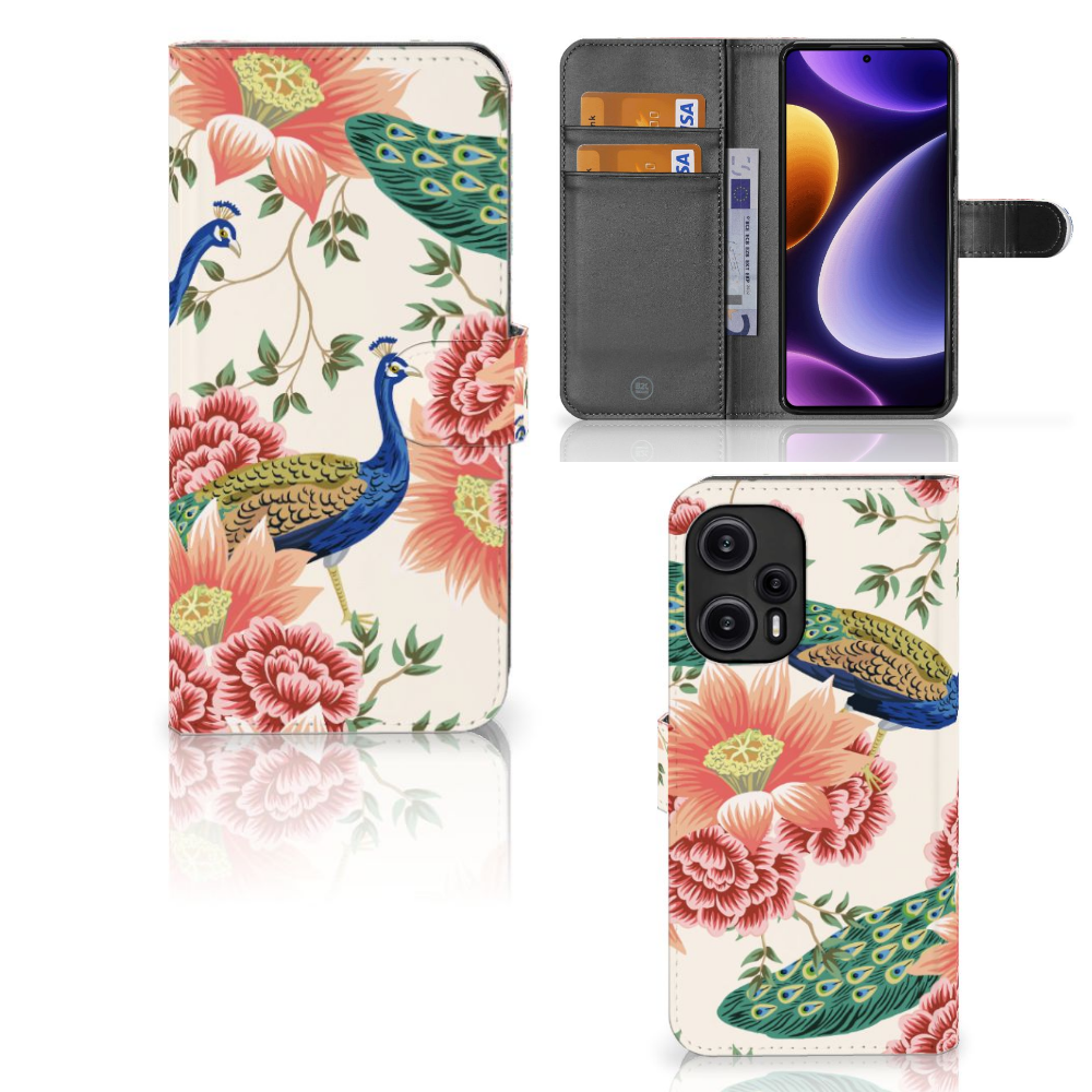 Telefoonhoesje met Pasjes voor Xiaomi Poco F5 Pink Peacock achterkant aanzicht binnenkant