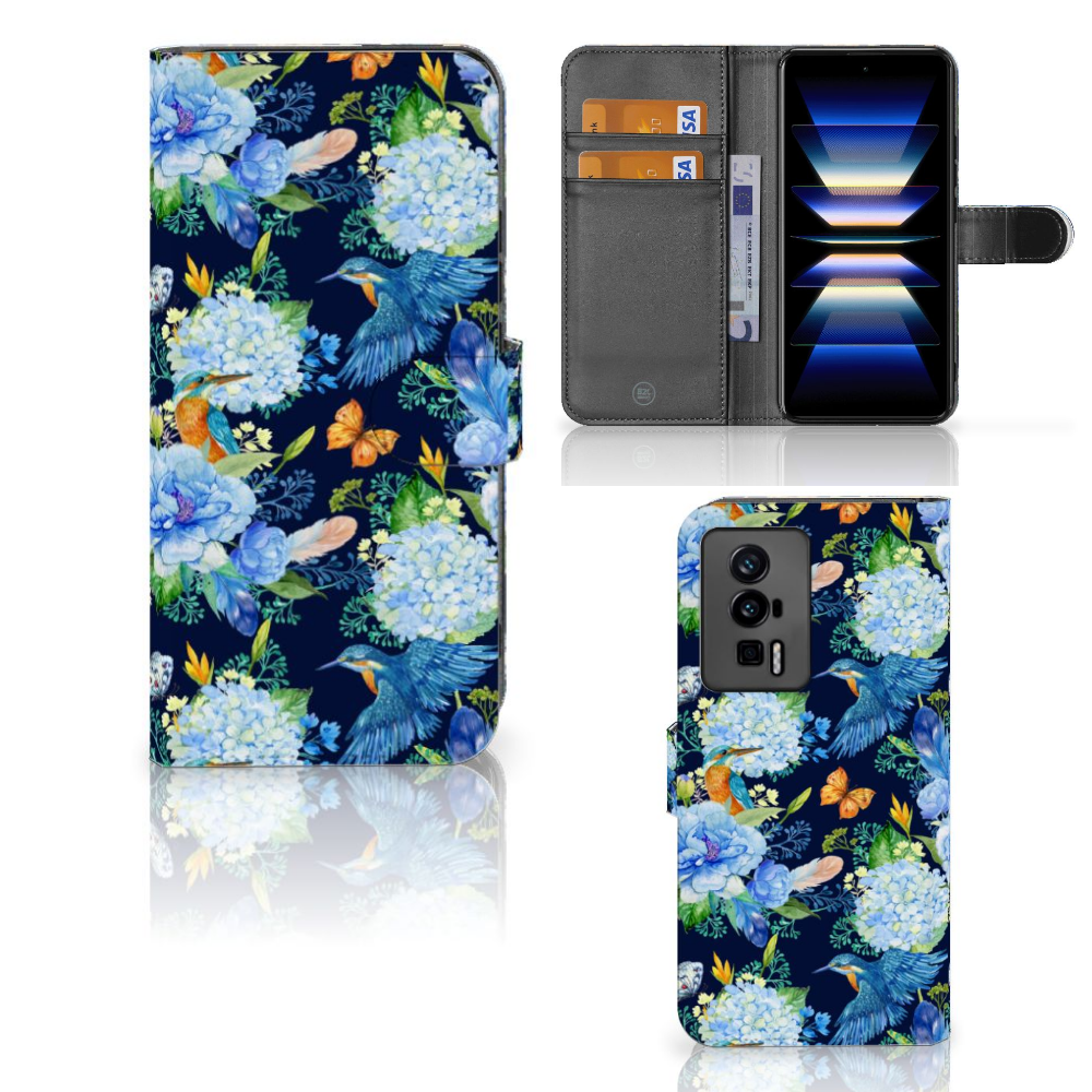 Telefoonhoesje met Pasjes voor Xiaomi Poco F5 Pro IJsvogel bloemen design voorkant achterkant