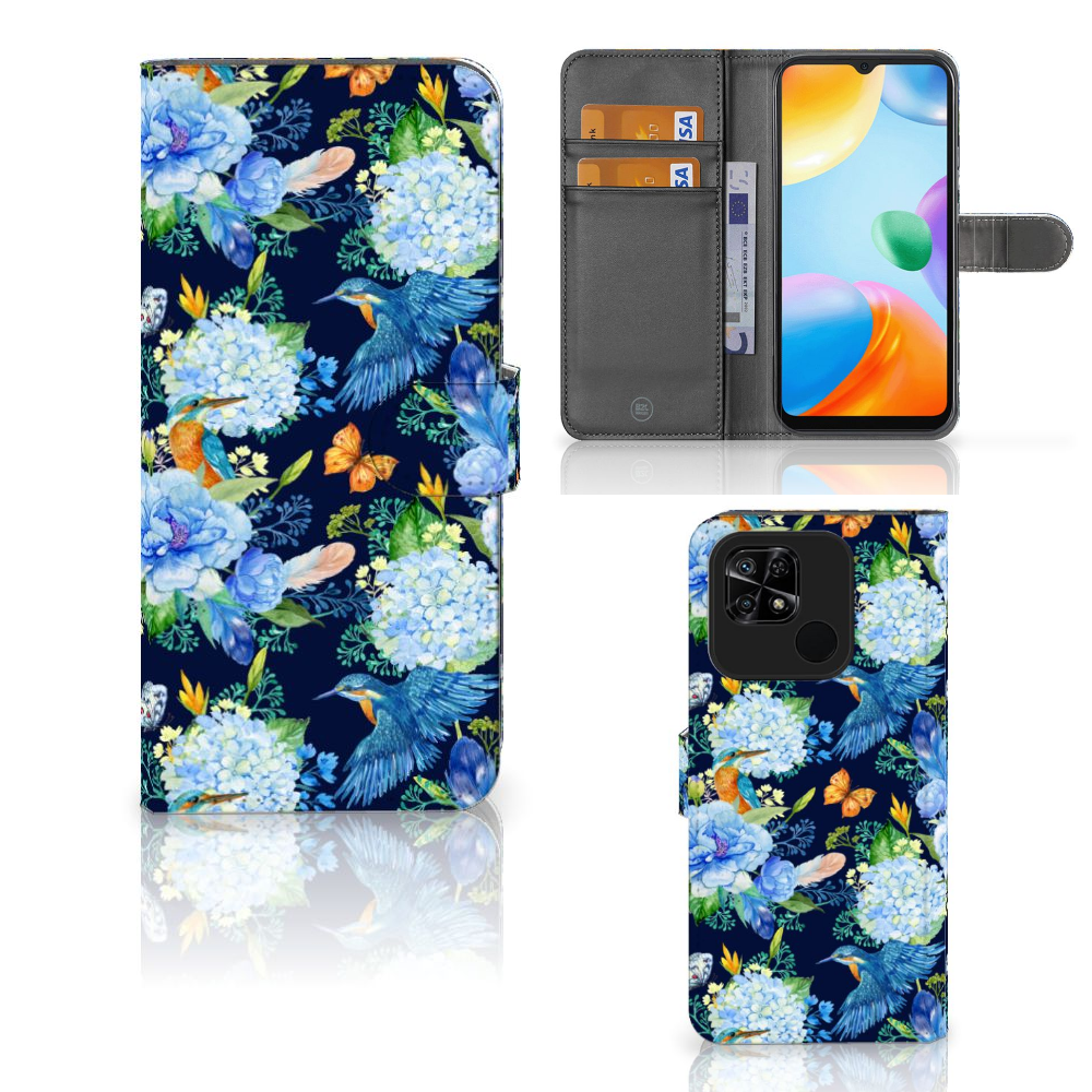 Xiaomi Redmi 10C Telefoonhoesje met Pasjes IJsvogel design vooraan zij aanzicht