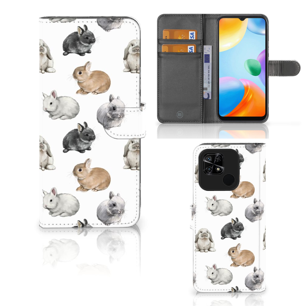 Xiaomi Redmi 10C Telefoonhoesje met Pasjes Konijntjes voorkant binnenkant aanzicht