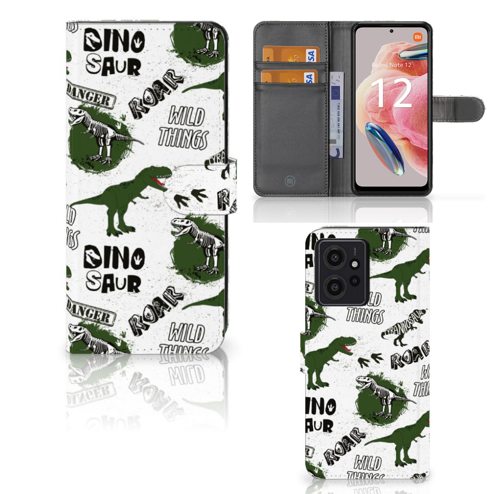 Xiaomi Redmi Note 12 4G Telefoonhoesje met Pasjes Dinosaurus design front back
