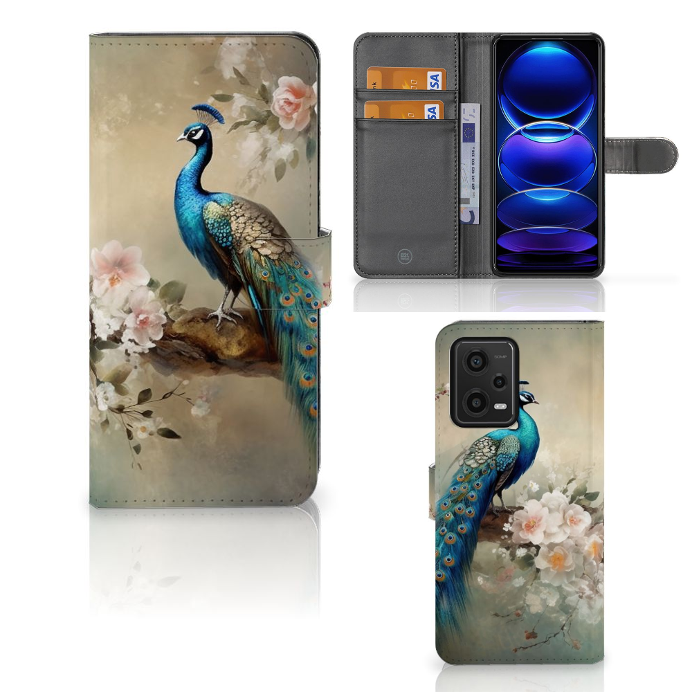 Xiaomi Redmi Note 12 5G Poco X5 Telefoonhoesje met Pasjes Vintage Pauwen vooraanzicht zijaanzicht binnenaanzicht