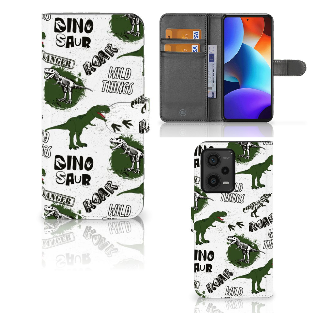 Telefoonhoesje met Pasjes voor Xiaomi Redmi Note 12 Pro Plus Dinosaurus met dino ontwerp en ruimte voor 3 pasjes.