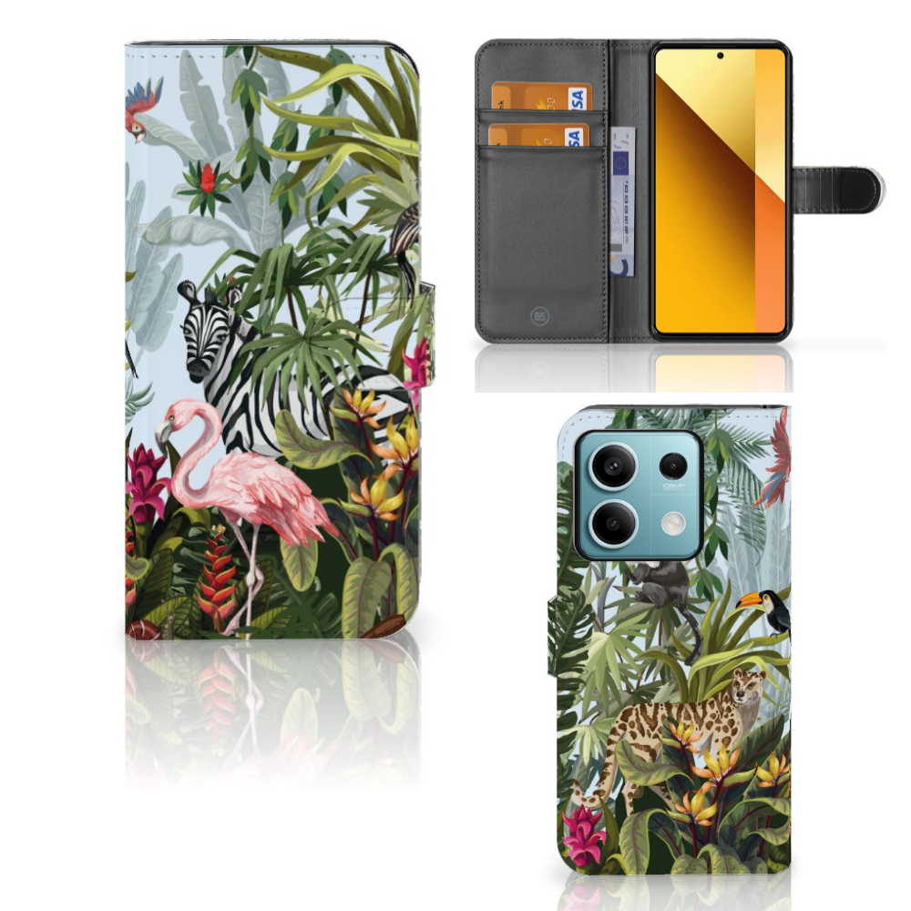 Xiaomi Redmi Note 13 5G Telefoonhoesje met Pasjes Jungle design voor en binnenaanzicht