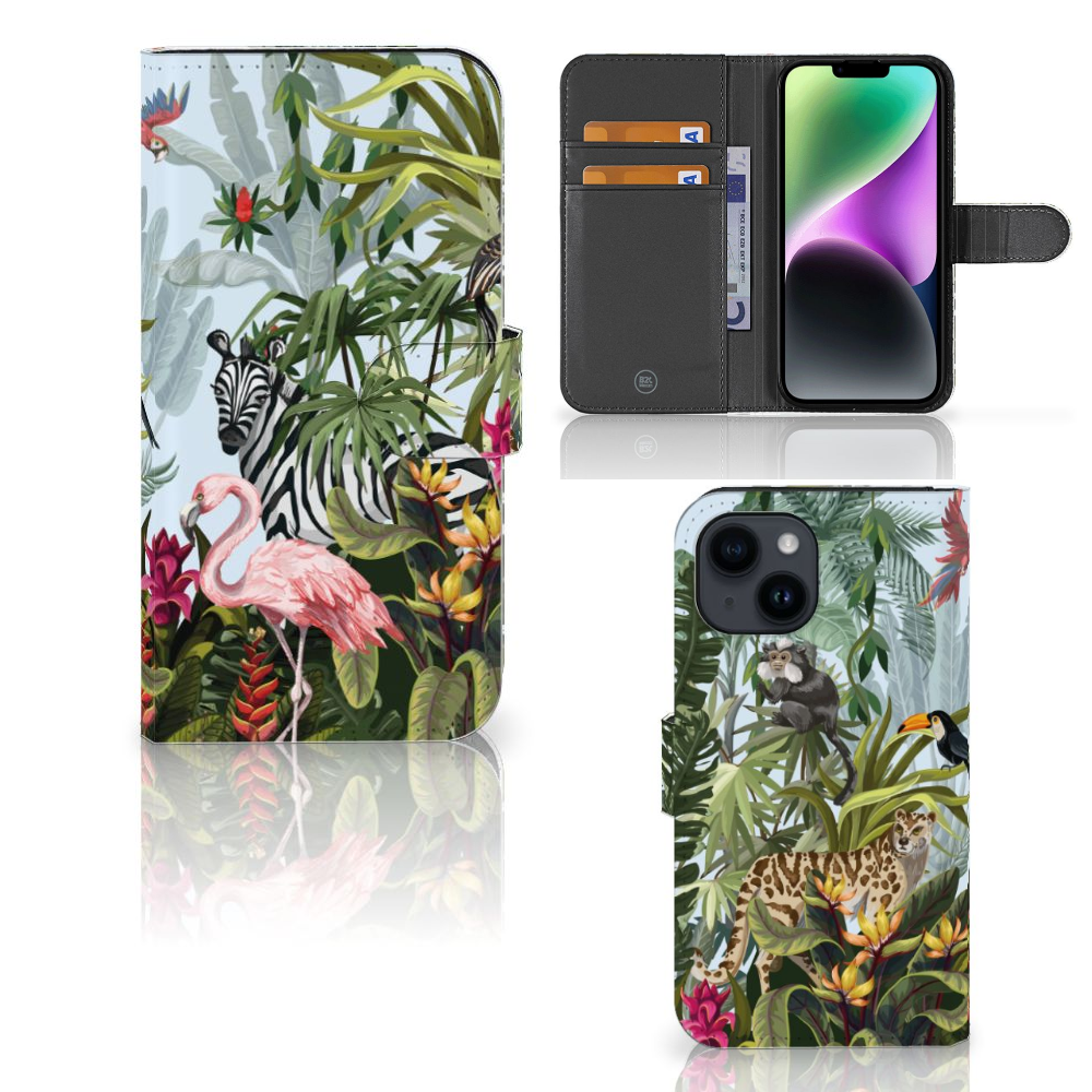 Telefoonhoesje met Pasjes voor iPhone 15 Jungle met tropische dieren zoals flamingo's, apen en een luipaard đĻ.