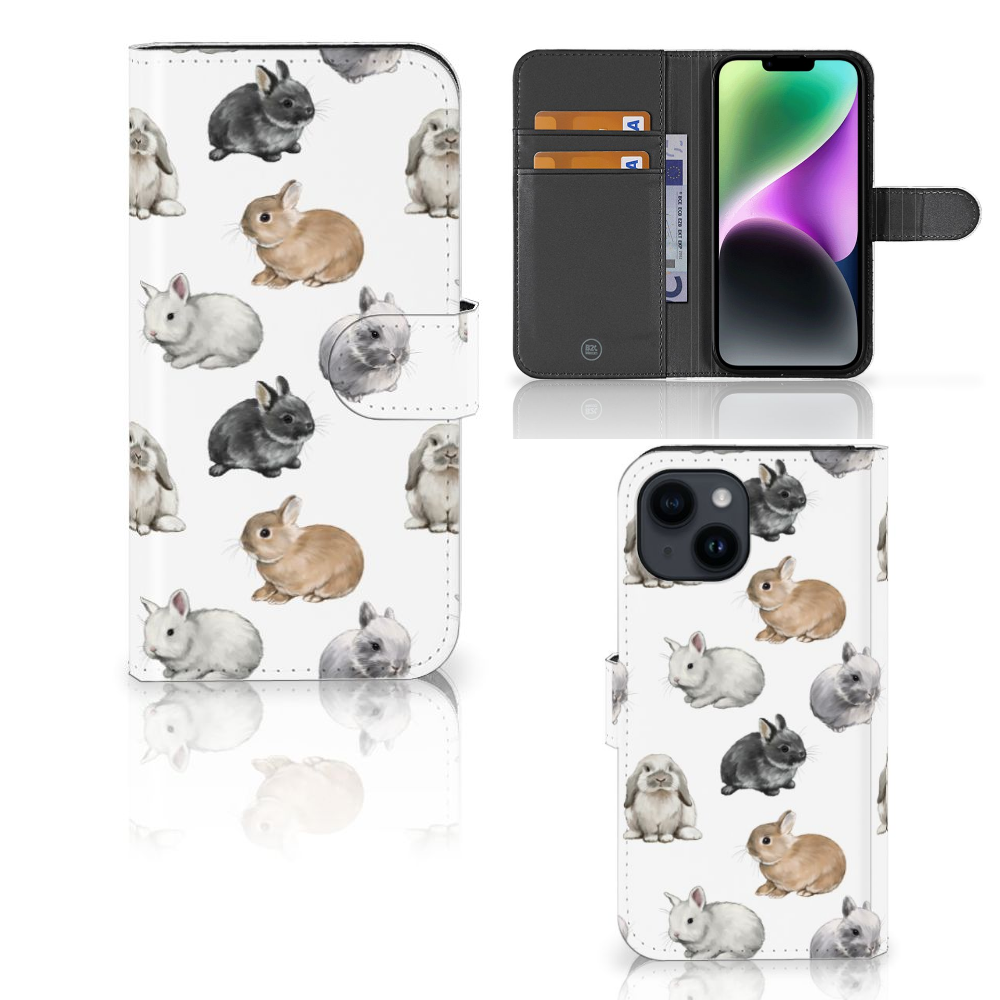 Telefoonhoesje met Pasjes voor iPhone 15 Konijntjes met schattige konijntjes op een wit achtergrond đ