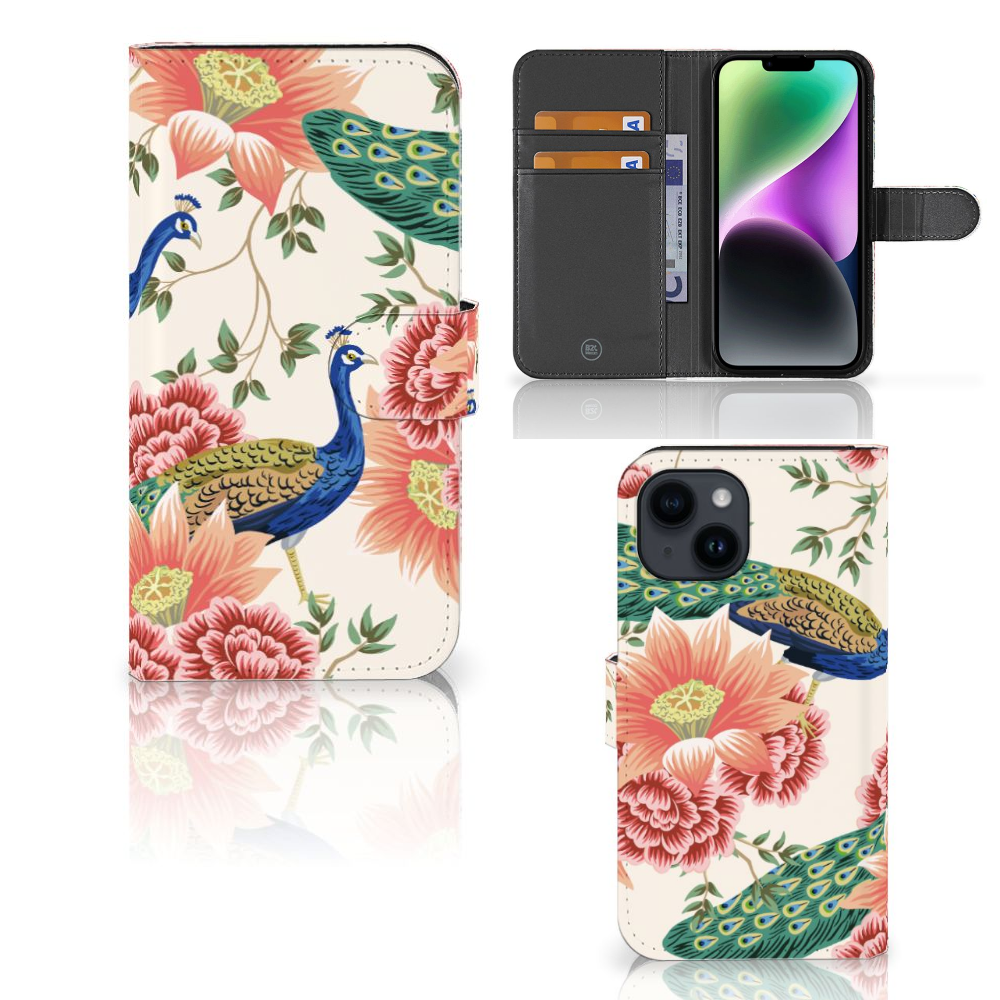 iPhone 15 Telefoonhoesje met Pasjes Pink Peacock voorkant achterkant binnenkant