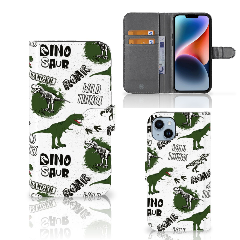 iPhone 15 Plus Telefoonhoesje met Pasjes Dinosaurus design vooraan zijaanzicht