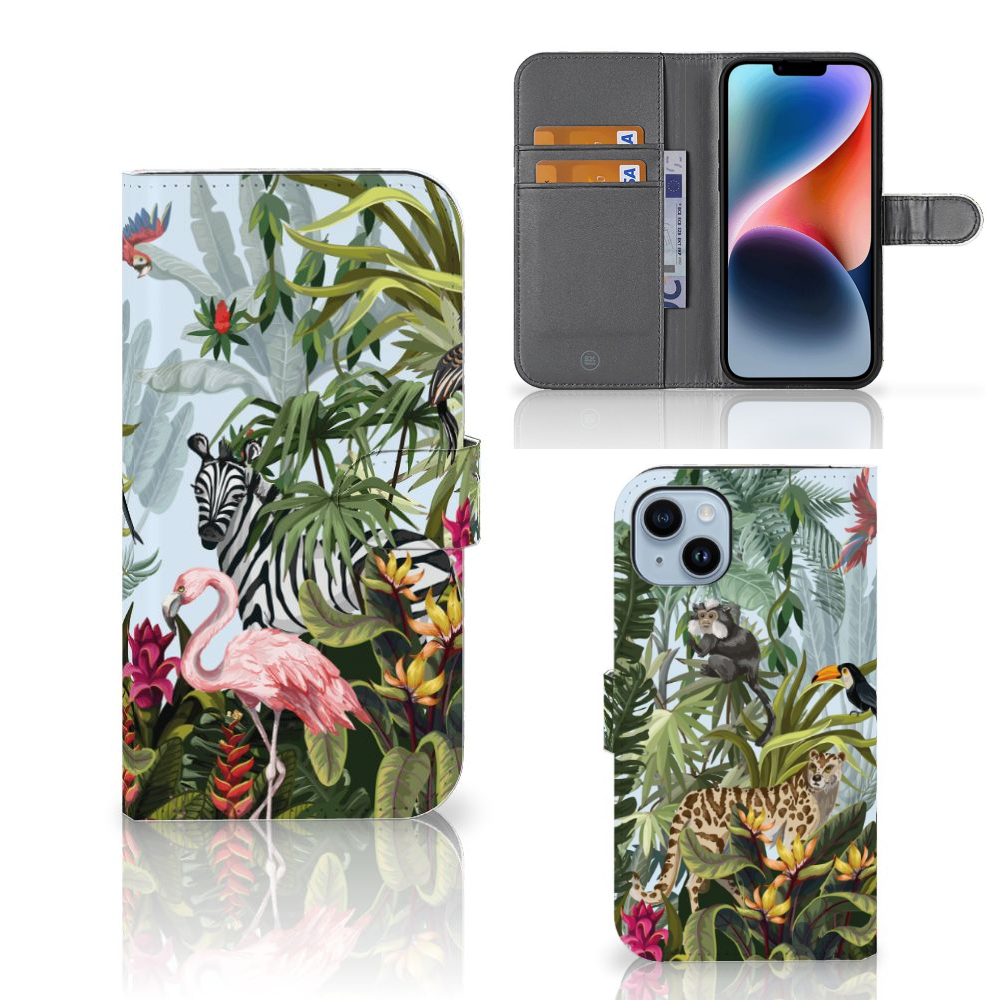 Telefoonhoesje met Pasjes voor iPhone 15 Plus Jungle met tropisch dieren design, inclusief flamingo 🦩 en zebra 🦓.