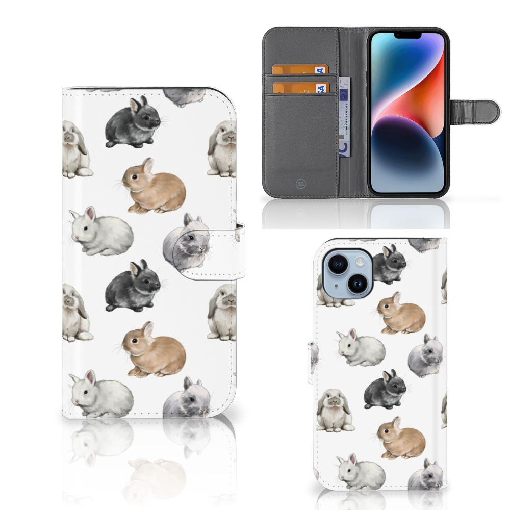 Telefoonhoesje met Pasjes voor iPhone 15 Plus Konijntjes met schattige konijnenillustraties đ°.