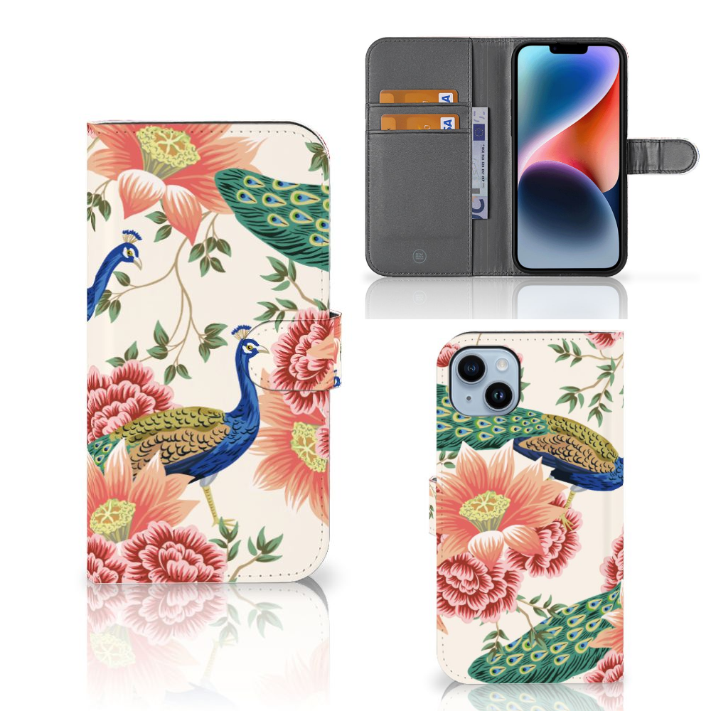 Telefoonhoesje met Pasjes voor iPhone 15 Plus Pink Peacock met pauwen en bloemen đ¸