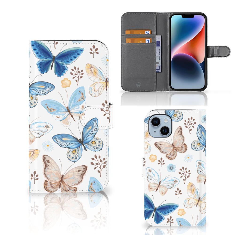 Telefoonhoesje met Pasjes voor iPhone 15 Plus Vlinder met kleurrijke vlinders đĻ en ruimte voor drie pasjes.