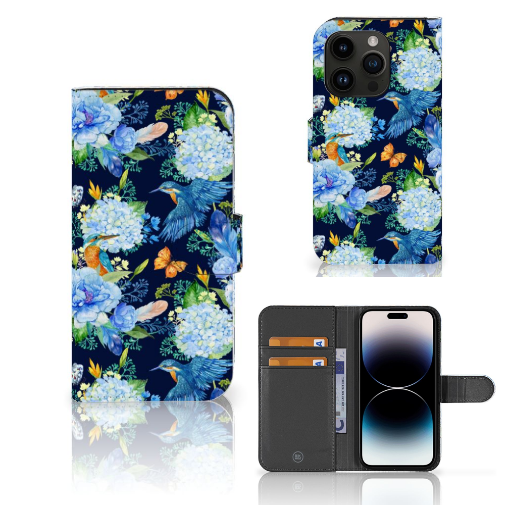 Telefoonhoesje met Pasjes voor iPhone 15 Pro IJsvogel met bloemen en vlinders, handig voor drie pasjes.
