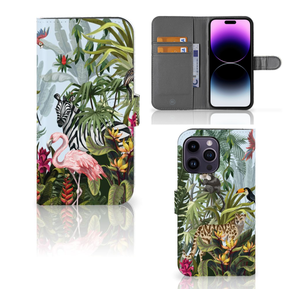 Telefoonhoesje met Pasjes voor iPhone 15 Pro Max Jungle met tropische dieren en kleurrijke jungleprint đ´đĻ