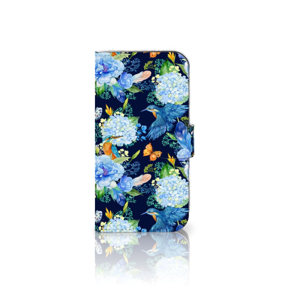 Telefoonhoesje met Pasjes voor iPhone 16 IJsvogel bloemen design voorkant