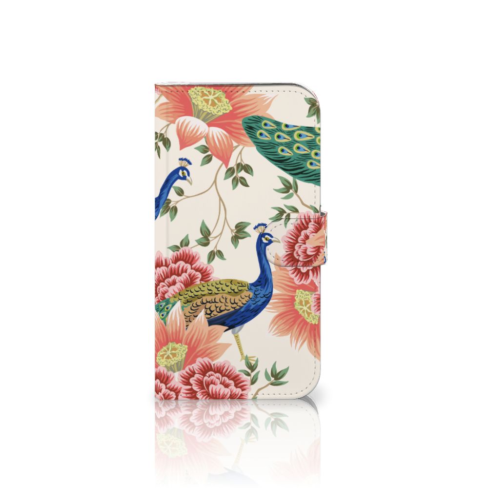 Telefoonhoesje met Pasjes voor iPhone 16 Plus Pink Peacock hoesje pauw bloemen aanzicht