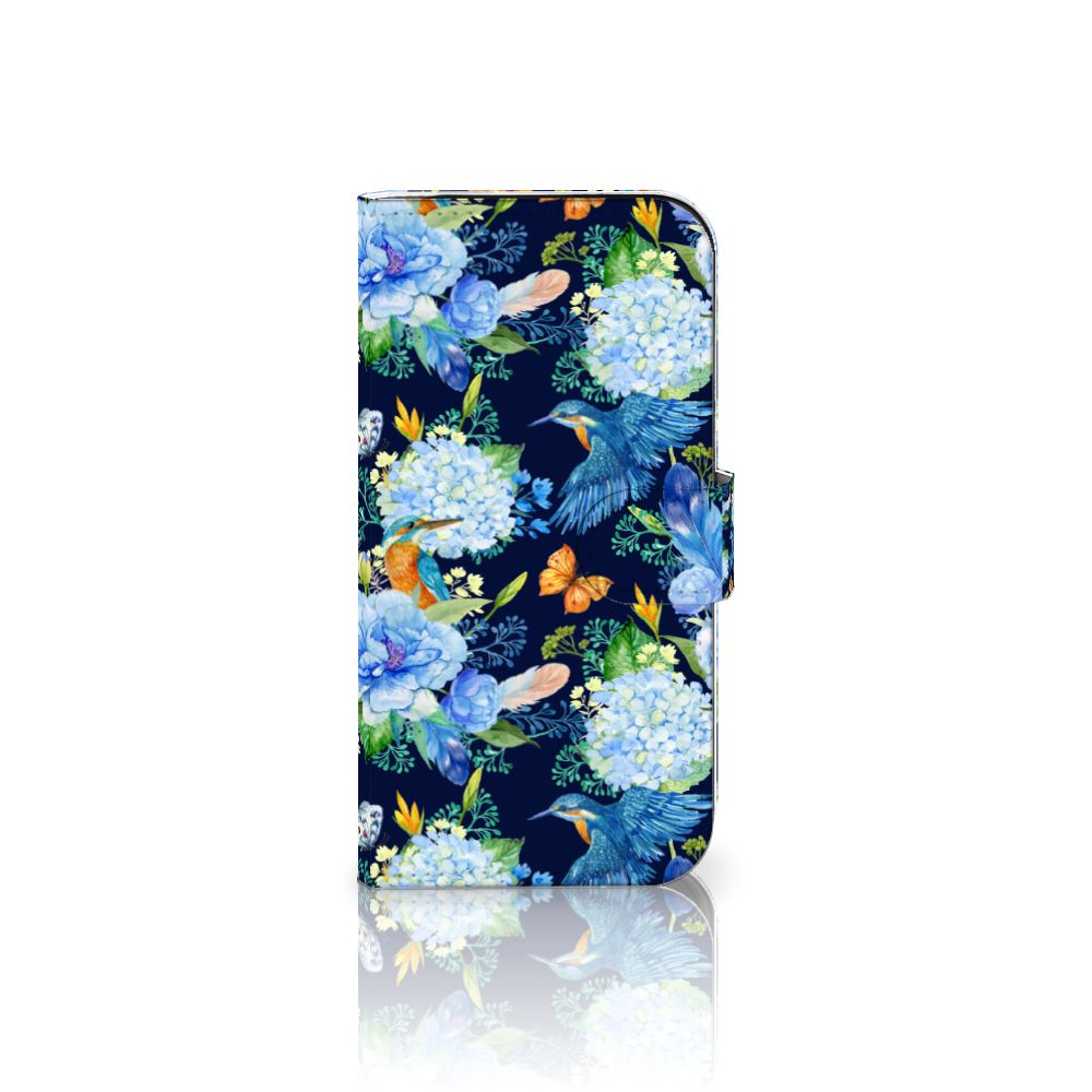 Telefoonhoesje met Pasjes voor iPhone 16 Pro IJsvogel bloemen design vooraanzicht