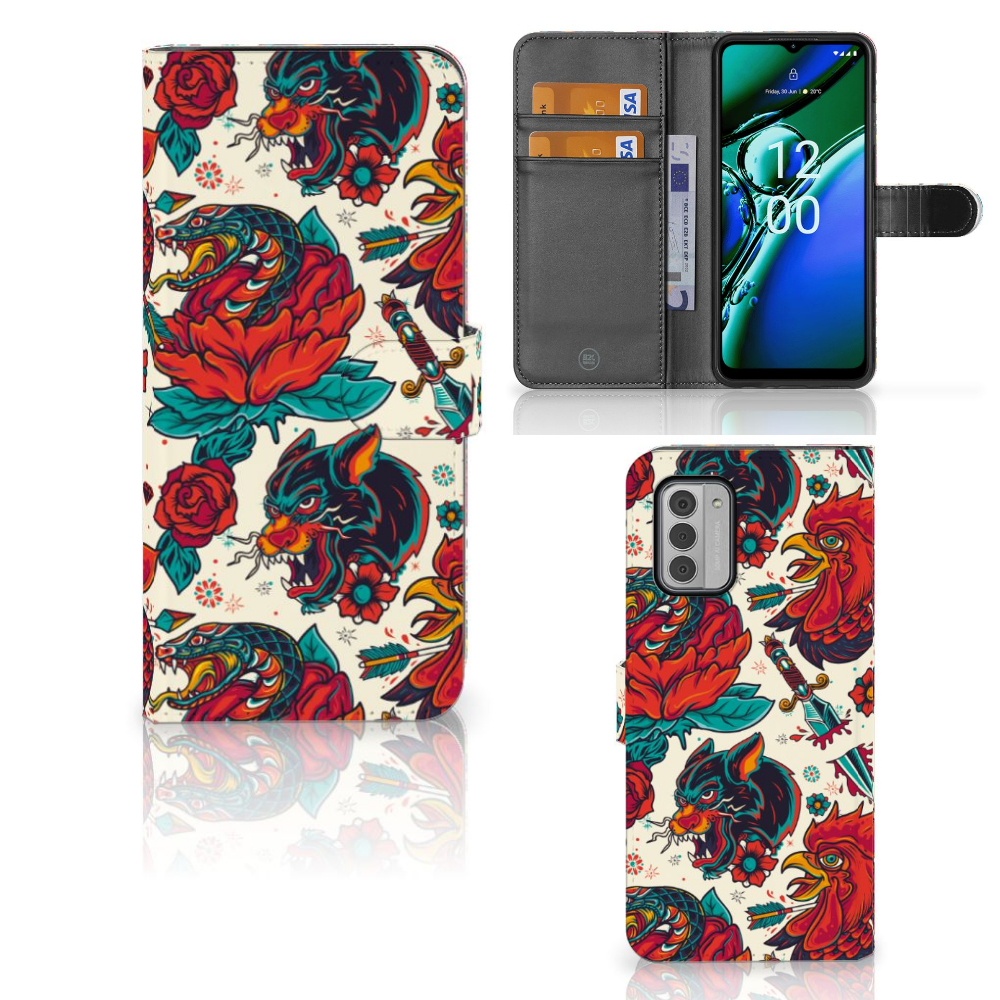Nokia G42 Telefoonhoesje met foto Old Skool design bloemen en draken aanzicht