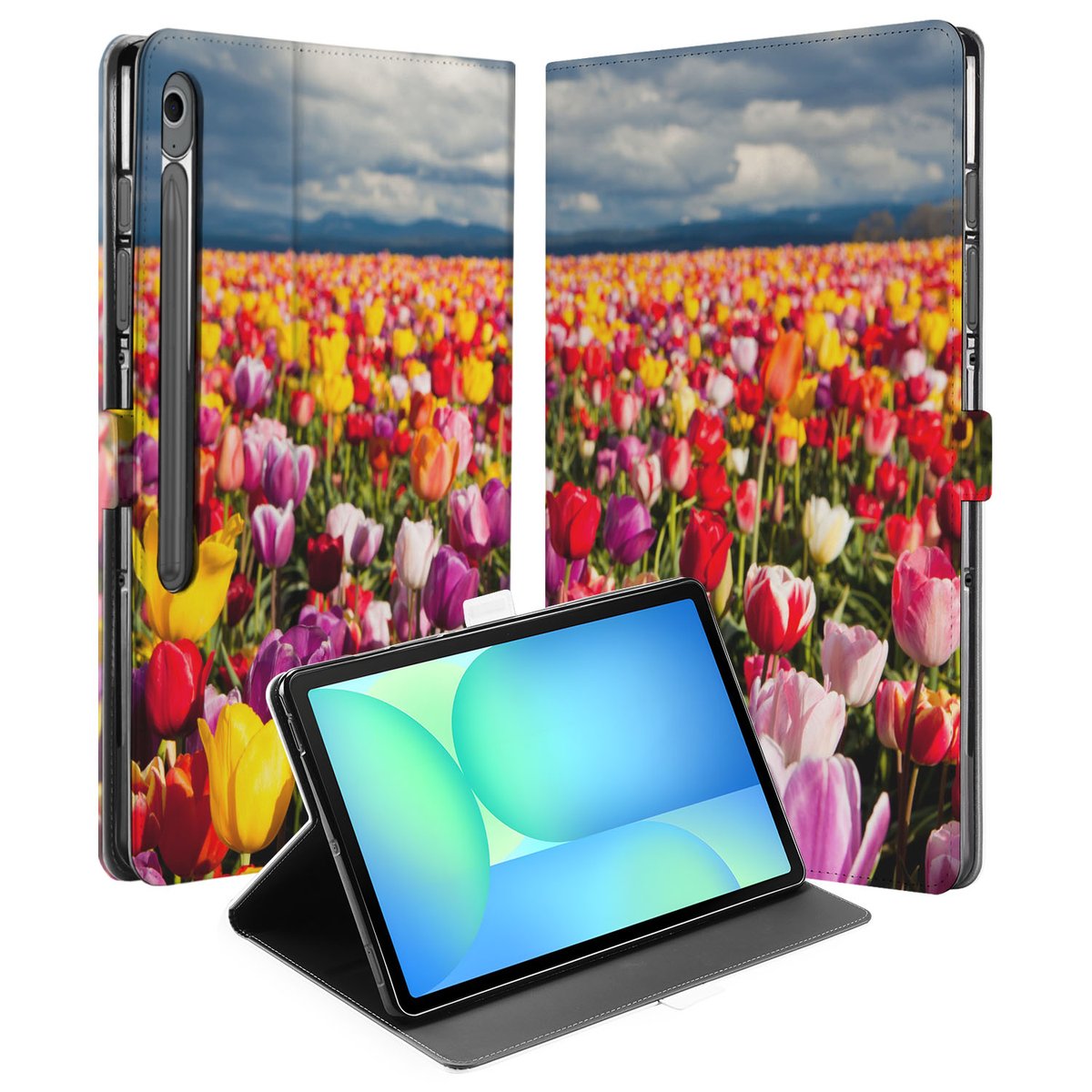 Samsung Galaxy Tab S10 FE Plus Tulpen Tablet Hoesje met Standaard design bloemen aanzicht