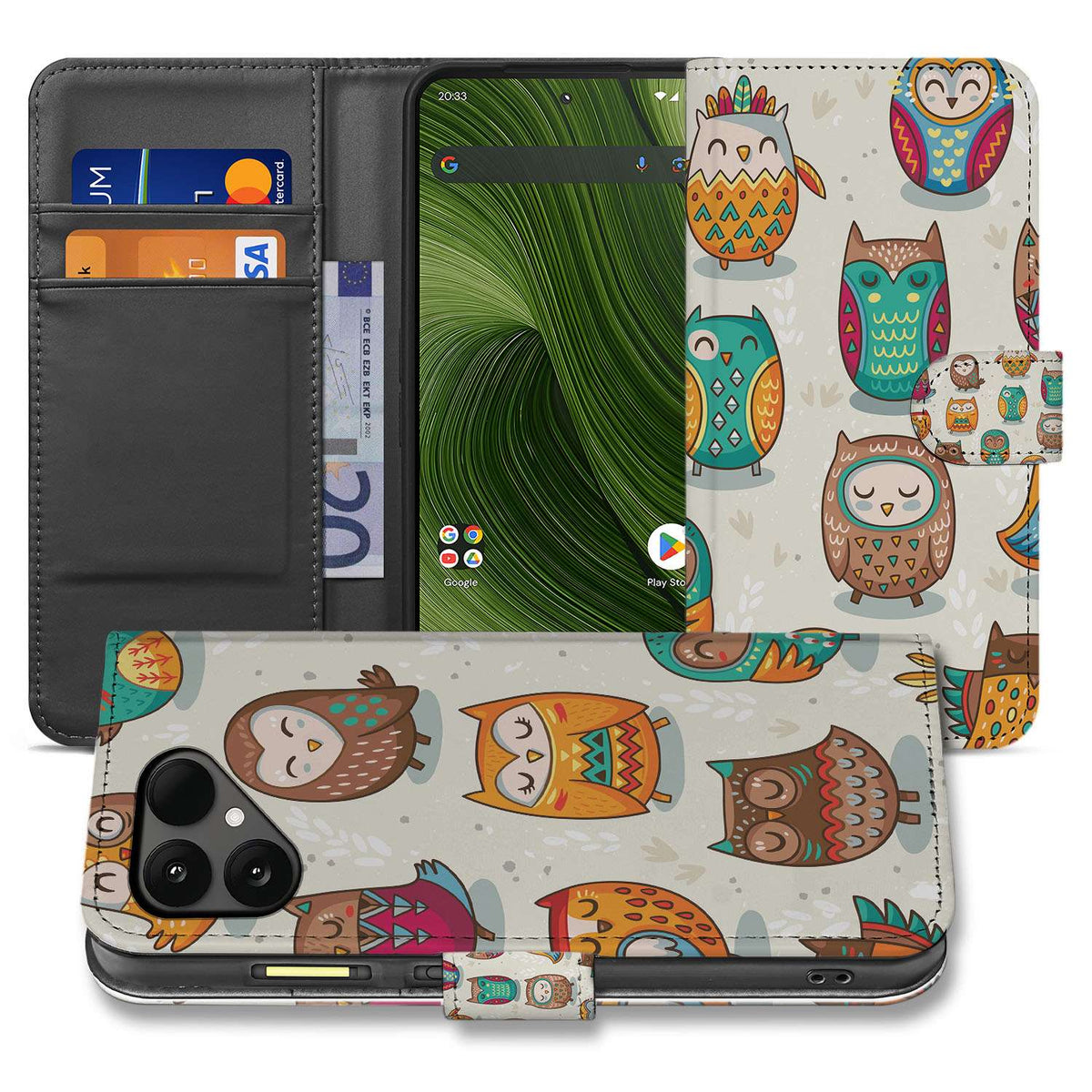 Vrolijke Uilen Pasjeshoesje Fairphone 6 Book Case designnaam aanzicht