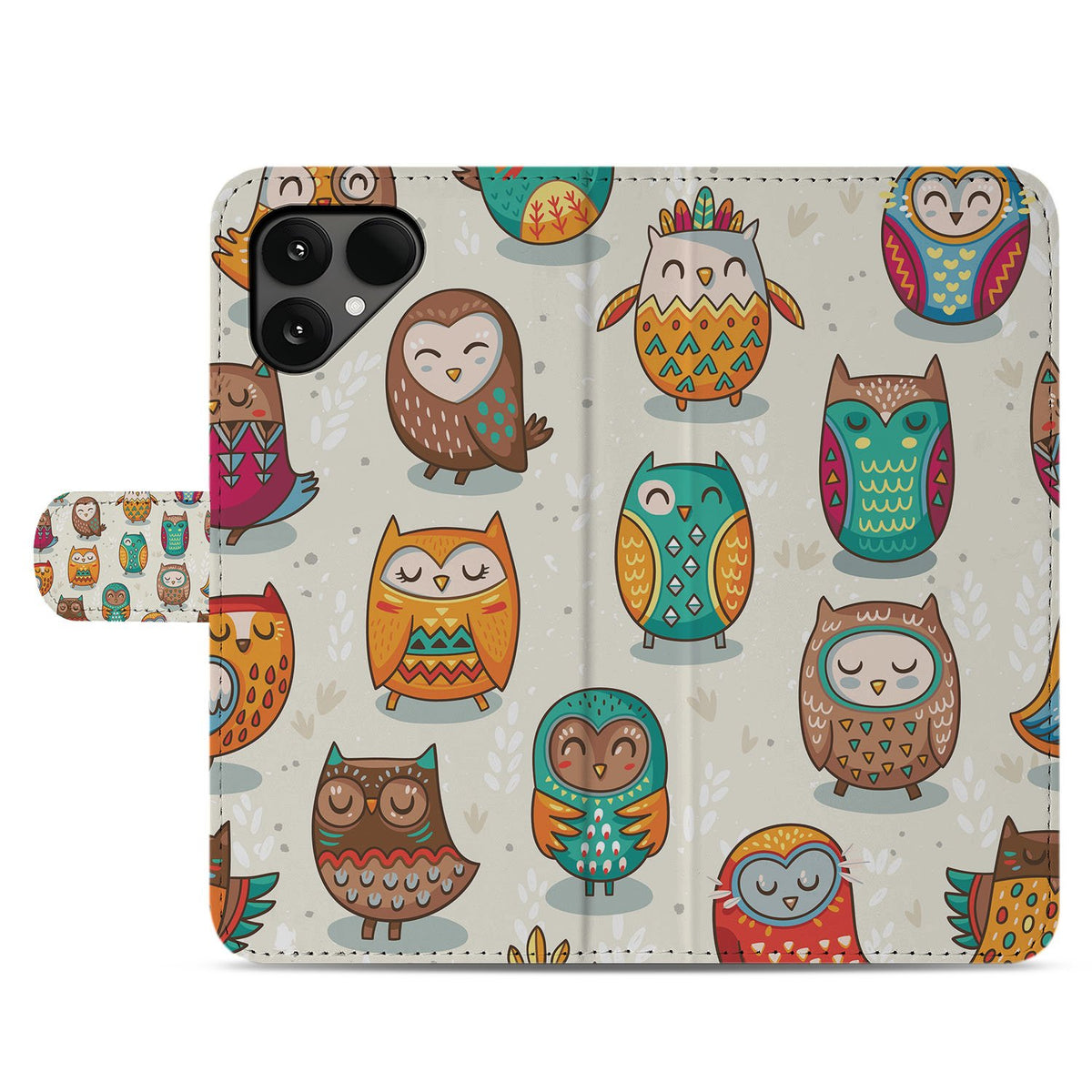 Vrolijke Uilen Pasjeshoesje Fairphone 6 Book Case uilenpatroon oranje groen beige
