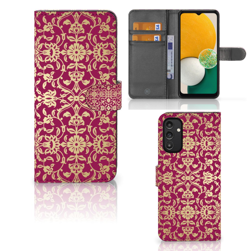 Wallet Case Samsung Galaxy A14 4G Barok Pink with elegant floral design and card slots.