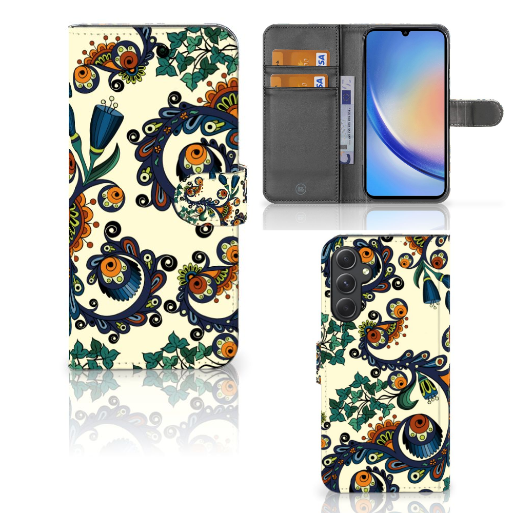 Samsung Galaxy A24 4G Wallet Case Barok Flower voorkant achterkant binnenkant
